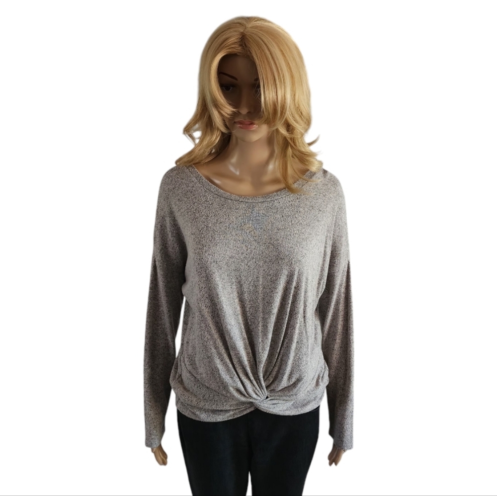 Gaze heather gray knit long sleeve top, knot front sweater, size L